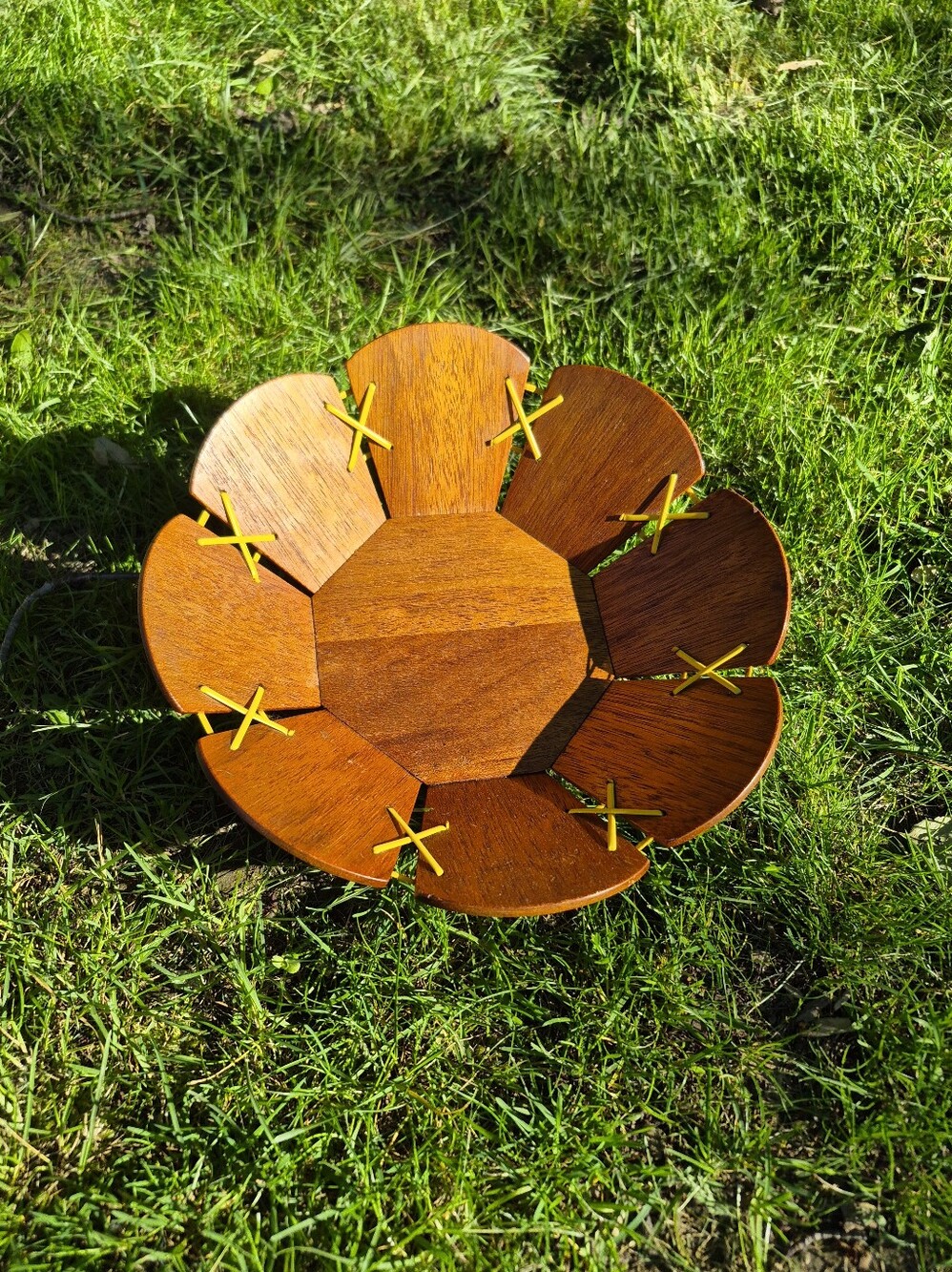 Vintage MCM Laced Wood Flower Bowl Centerpiece Handmade Scalloped Panel Retro